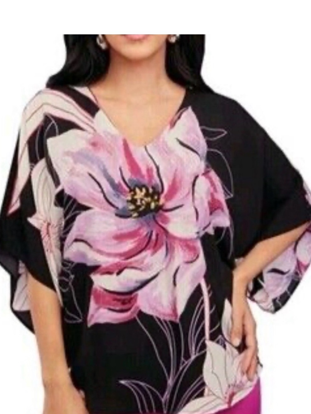 White House Black Market Black Blouse with Pink Floral Print